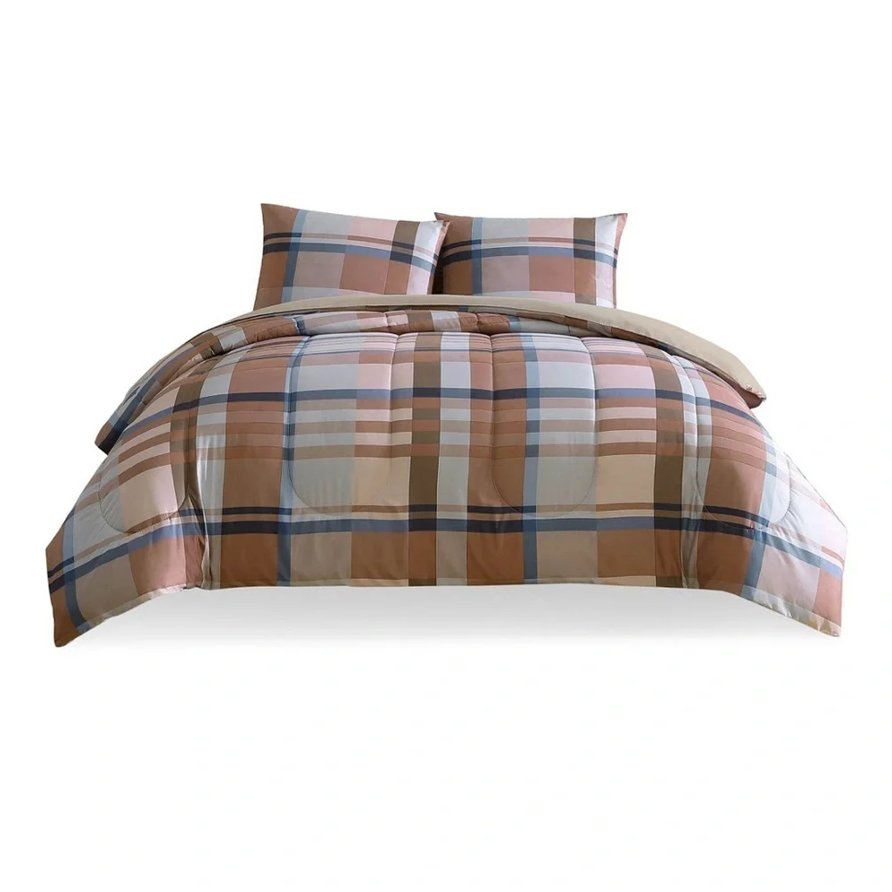 Plaid Pattern Comforter Set - Rust and Cream Queen - Picture 3 of 7